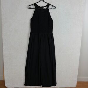 LOFT Size 2P Black Smocked Halter Wide Leg Jumpsuit Minimalist Quiet Luxury